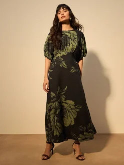 Floral vert - Robe mi-longue imprimée à manches bouffantes