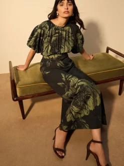 Floral vert - Robe mi-longue imprimée à manches bouffantes