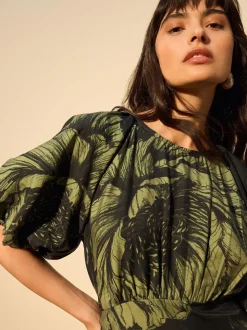 Floral vert - Robe mi-longue imprimée à manches bouffantes