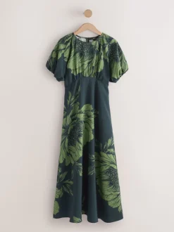 Floral vert - Robe mi-longue imprimée à manches bouffantes