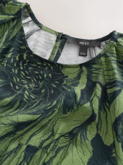 Floral vert - Robe mi-longue imprimée à manches bouffantes