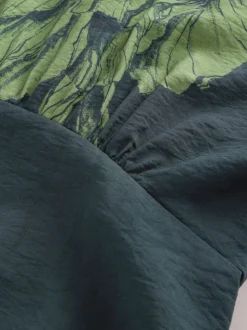 Floral vert - Robe mi-longue imprimée à manches bouffantes