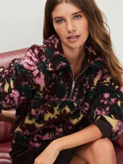 Floral vert - Sweat-shirt en polaire jacquard Teddy Borg à quart de zip