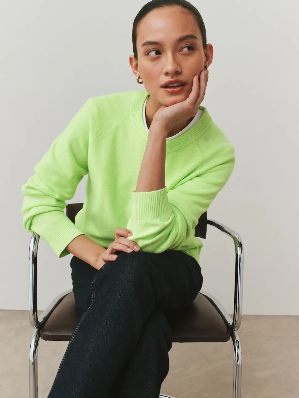 Fluro Vert - Pull super doux à manches longues à col rond