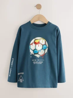 Football bleu moyen - T-shirt graphique décontracté en coton à manches longues (3-16ans)