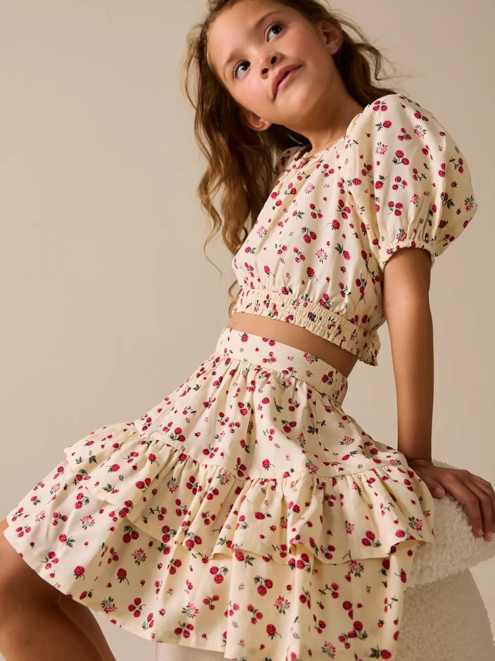 Fraise écrue - Ensemble chemisier et jupe à manches bouffantes (3-16ans)