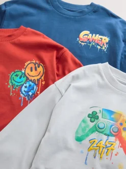 Gamer bleu marine/gris/rouge - Lot de 3 T-shirts à manches longues coupe décontractée avec imprimé graphique (3-16ans)