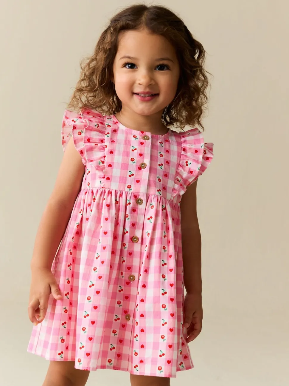 Gingham rose - Robe à manches à double volant (3mois8ans)
