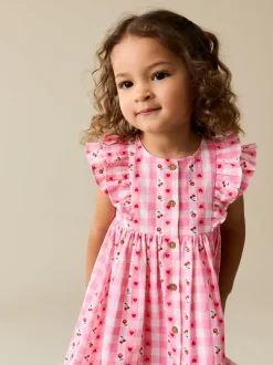 Gingham rose - Robe à manches à double volant (3mois8ans)