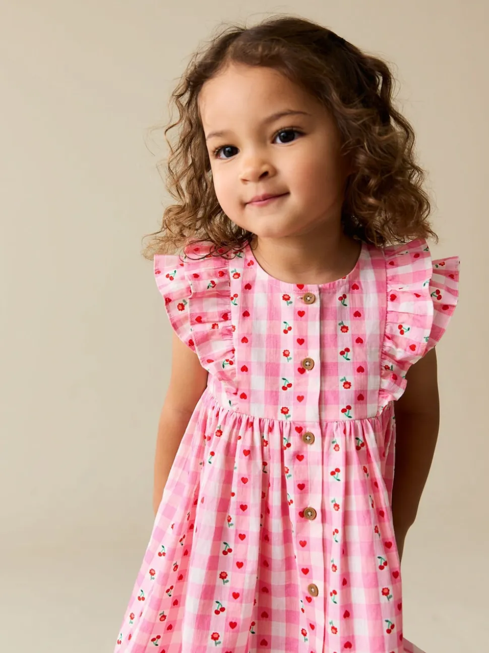 Gingham rose - Robe à manches à double volant (3mois8ans)