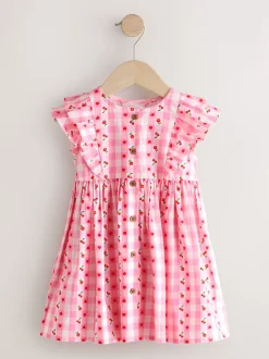 Gingham rose - Robe à manches à double volant (3mois8ans)