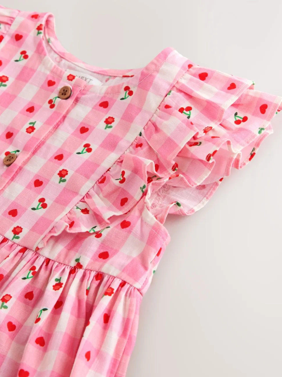 Gingham rose - Robe à manches à double volant (3mois8ans)