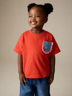 Gingham rouge - T-shirt à manches courtes avec poche (3mois7ans)