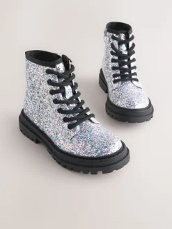 Glitter d'argent - Warm Lined À lacets Ankle Bottes