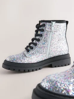 Glitter d'argent - Warm Lined À lacets Ankle Bottes