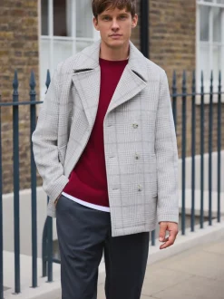 Gris - Caban à carreaux doux en Blend de laine