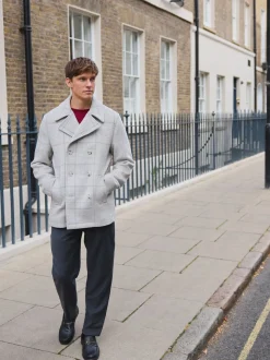 Gris - Caban à carreaux doux en Blend de laine