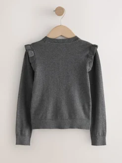 Gris - Cardigan d'école à épaules volantées en coton riche (3-16ans)