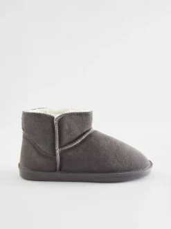 Gris - Chaussons chaussons en daim doublés de fausse fourrure
