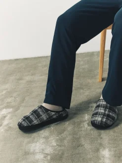 Gris - Chaussons mules à carreaux