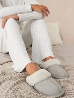 Gris - Chaussons mules en daim et fausse fourrure