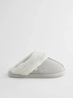 Gris - Chaussons mules en daim et fausse fourrure