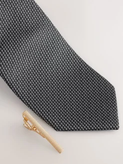 Gris - Cravate texturée avec pince à cravate