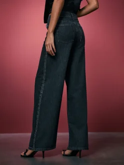 Gris - Jean palazzo taille haute clouté noir délavé avec ornements à jambe large