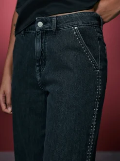 Gris - Jean palazzo taille haute clouté noir délavé avec ornements à jambe large