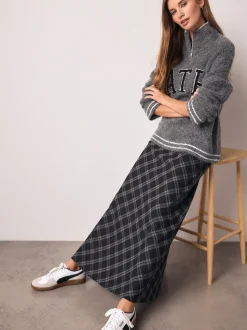 Gris - Jupe mi-longue à carreaux