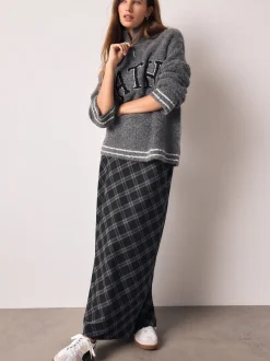 Gris - Jupe mi-longue à carreaux