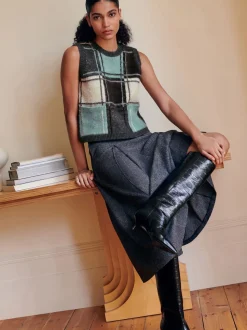 Gris - Jupe mi-longue plissée mouchetée