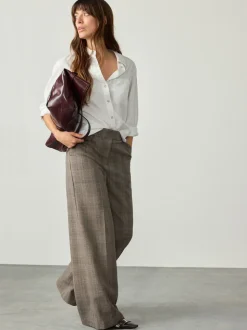 Gris - Pantalon coupe large taille haute brossé à carreaux