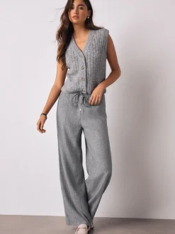 Gris - Pantalons ceinturés à jambes larges en laine