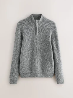Gris - Pull Coupe classique texturé en maille à col zippé avec laine