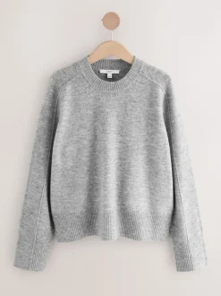 Gris - Pull en maille à col rond en laine