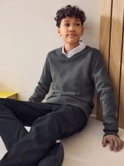 Gris - Pull scolaire tricoté à col en V (3-16ans)