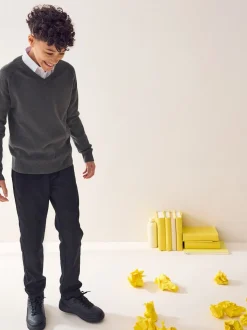 Gris - Pull scolaire tricoté à col en V (3-16ans)