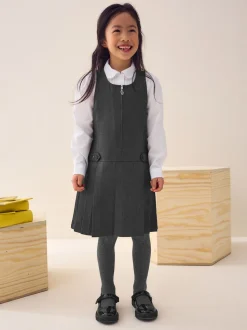 Gris - Robe d’école Pinafore brodée zippée sur le devant (3-14ans)