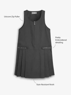 Gris - Robe d’école Pinafore brodée zippée sur le devant (3-14ans)