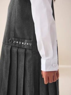 Gris - Robe d’école Pinafore brodée zippée sur le devant (3-14ans)