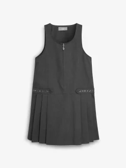 Gris - Robe d’école Pinafore brodée zippée sur le devant (3-14ans)