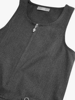 Gris - Robe d’école Pinafore brodée zippée sur le devant (3-14ans)