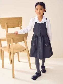 Gris - Robe d’école Tablier brodée boutonnée sur le devant (3-14ans)