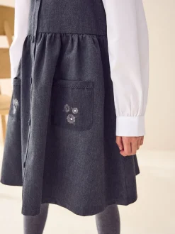 Gris - Robe d’école Tablier brodée boutonnée sur le devant (3-14ans)