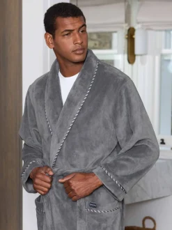 Gris - Robe de chambre Savile Row Company légère en polaire douce à bords de corde