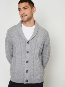 Gris - Threadbare Cable Knit Shawl Collar Cardigan With Wool