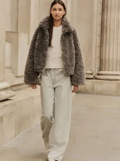 Gris - Veste zippée à col cheminée en fausse fourrure