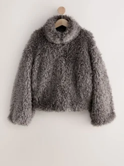 Gris - Veste zippée à col cheminée en fausse fourrure