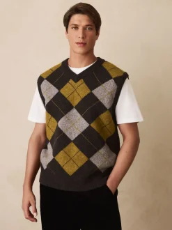 Gris anthracite/jaune ocre - Débardeur décontracté à col en V en maille Argyle avec laine